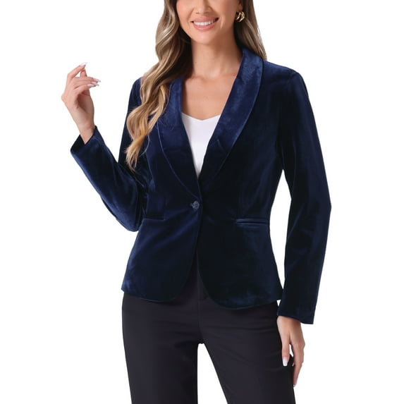 INSPIRE CHIC Women's Velvet Blazer Solid Color Shawl Collar One Button Wear-to-Work Suit Jacket M Dark Blue