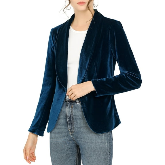 INSPIRE CHIC Women's Office Coat Solid Shawl Collar 1 Button Velvet Blazer M Deep Blue