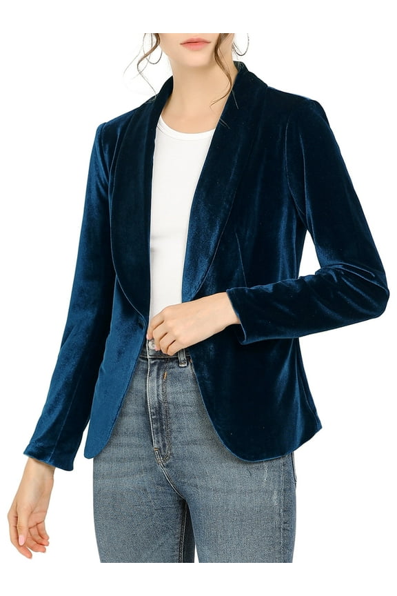 Women's Office Coat Solid Shawl Collar 1 Button Velvet Blazer M Deep Blue