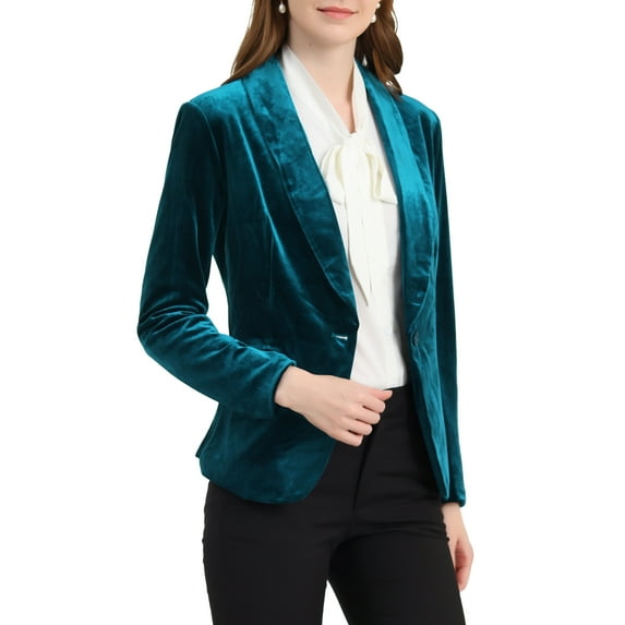 INSPIRE CHIC Women's Velvet Blazer Solid Color Shawl Collar One Button Wear-to-Work Suit Jacket M Lake Blue