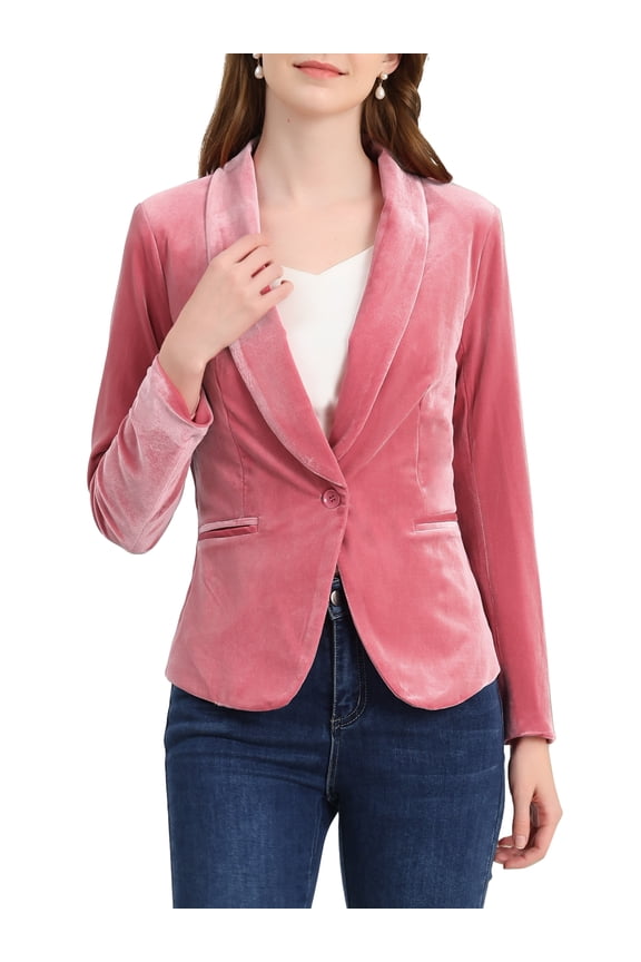 Women's Velvet Blazer Solid Color Shawl Collar One Button Wear-to-Work Suit Jacket M Pink