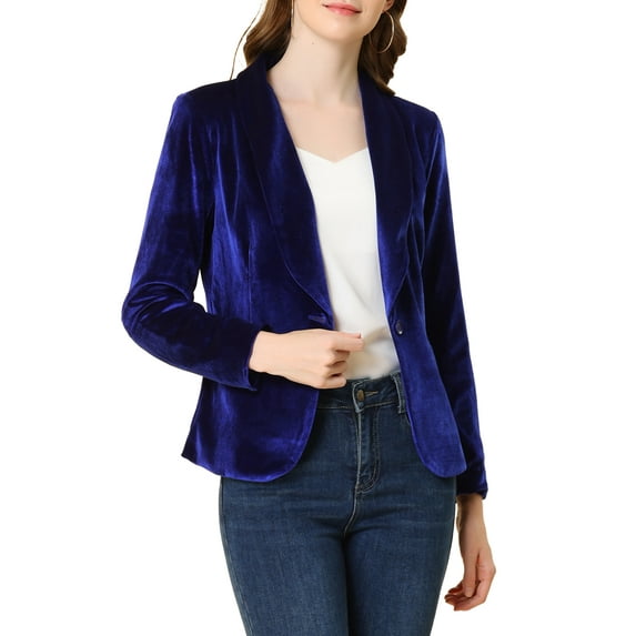 INSPIRE CHIC Women's Velvet Blazer Solid Color Shawl Collar One Button Wear-to-Work Suit Jacket M Royal Blue