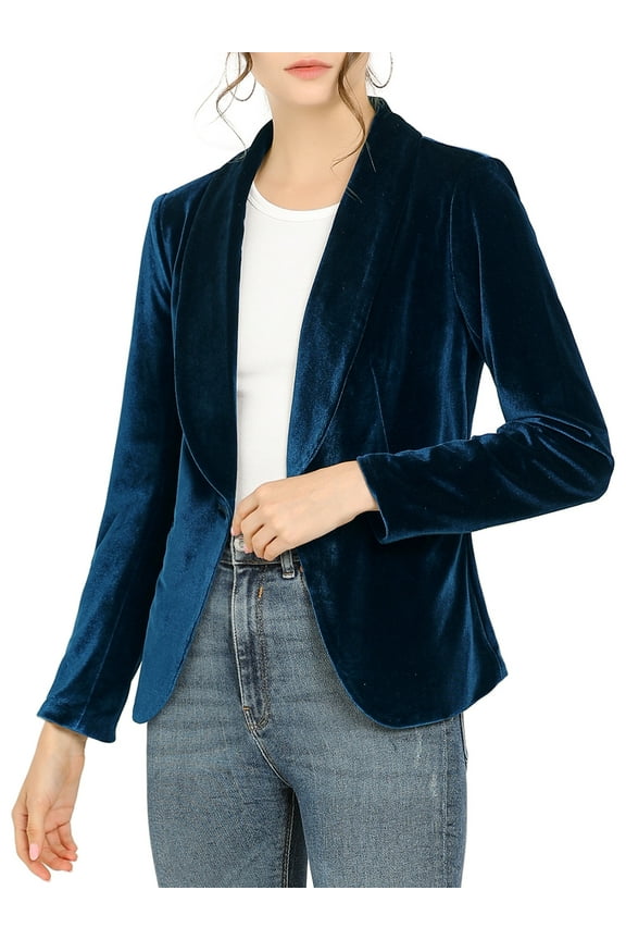 Women's Velvet Blazer Solid Color Shawl Collar One Button Wear-to-Work Suit Jacket S Deep Blue