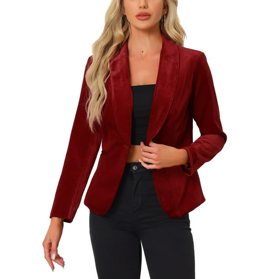 INSPIRE CHIC Women's Velvet Blazer Solid Color Shawl Collar One Button Wear-to-Work Suit Jacket S Red
