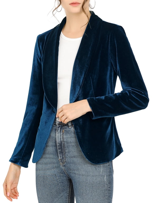 Women's Halloween Velvet Blazer Solid Color Shawl Collar One Button Wear-to-Work Suit Jacket XL Deep Blue