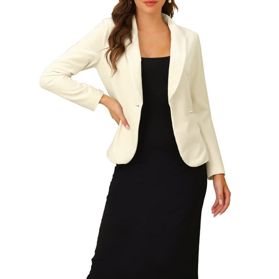 INSPIRE CHIC Women's Velvet Blazer Solid Color Shawl Collar One Button Wear-to-Work Suit Jacket XS Beige White