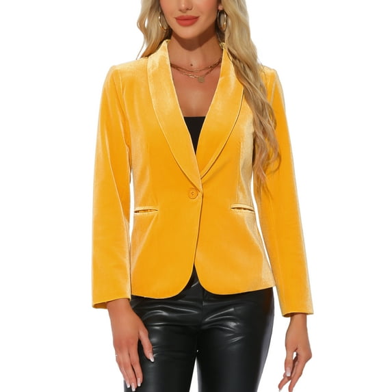 INSPIRE CHIC Women's Velvet Blazer Solid Color Shawl Collar One Button Wear-to-Work Suit Jacket L Yellow
