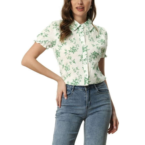 INSPIRE CHIC Valentine's Day Women's Frilled Tops Bubble Sleeves Peter Pan Collar Floral Print Cotton Blouses XS Green