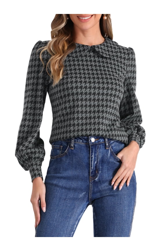 Womens' Peter Pan Collar Houndstooth Plaid Long Sleeve Button Back Blouses XL Grey Black