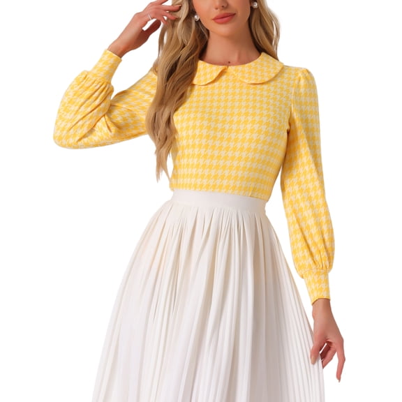 INSPIRE CHIC Womens' Peter Pan Collar Houndstooth Plaid Long Sleeve Button Back Blouses XS Yellow White