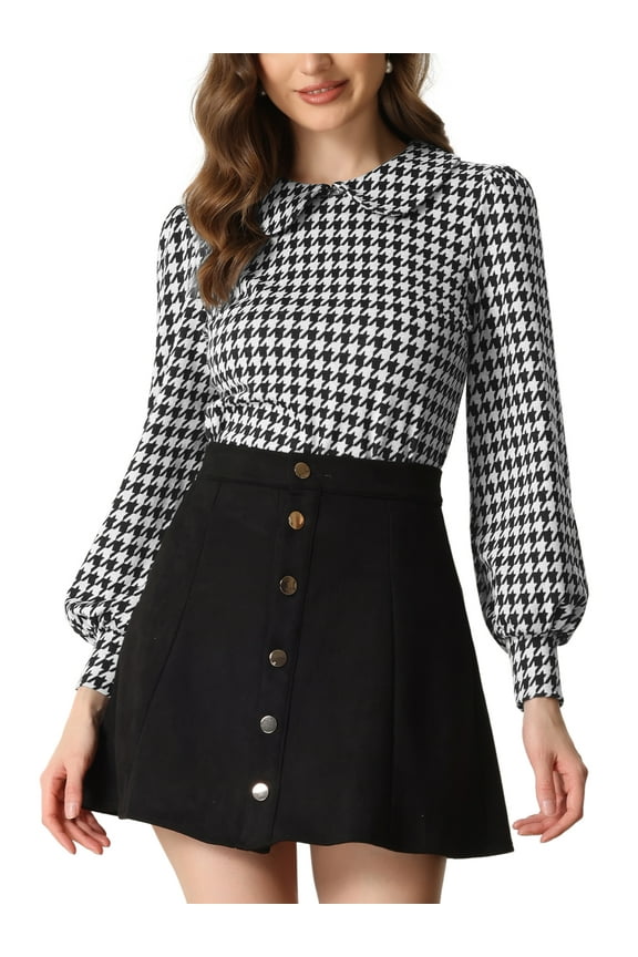 Womens' Peter Pan Collar Houndstooth Plaid Long Sleeve Button Back Blouses S Black