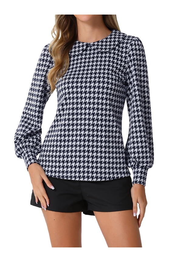 Womens' Peter Pan Collar Houndstooth Plaid Long Sleeve Button Back Blouses M Navy Blue
