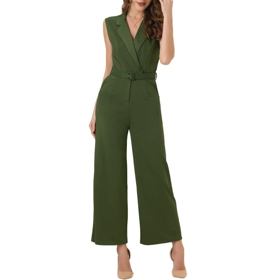 REFINED ATTIRE Women's Jumpsuit V Neck High Waist Sleeveless Long Pants Jumpsuit XL Army Green