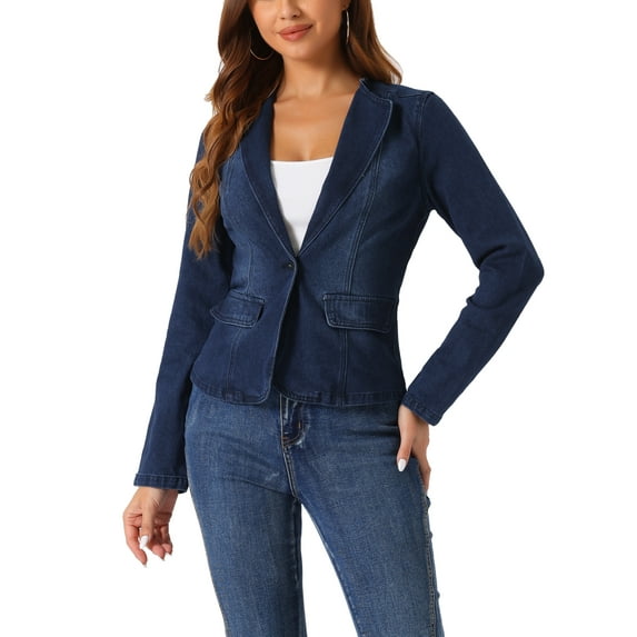 INSPIRE CHIC Women's Stretchy Jean Jacket Lapel Collar One Button Long Sleeve Work Denim Jackets M Deep Blue