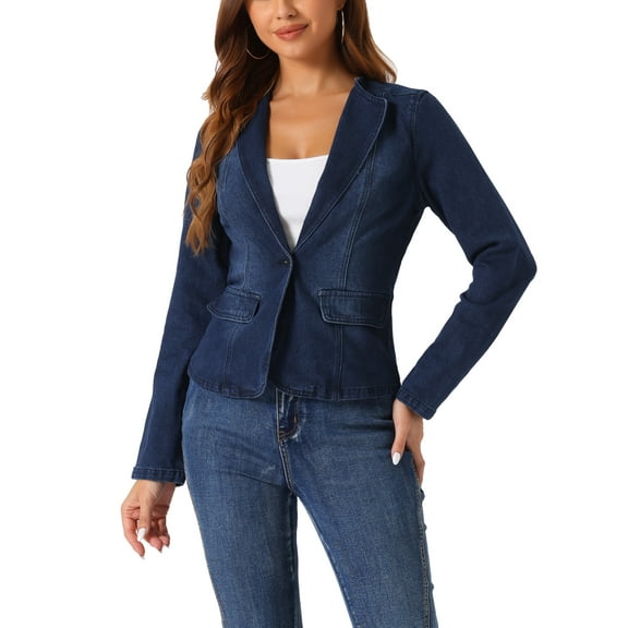 INSPIRE CHIC Women's Stretchy Jean Jacket Lapel Collar One Button Long Sleeve Work Denim Jackets M Deep Blue