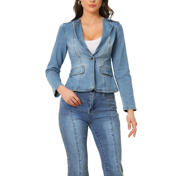 INSPIRE CHIC Women's Stretchy Jean Jacket Lapel Collar One Button Long Sleeve Work Denim Jackets M Light Blue