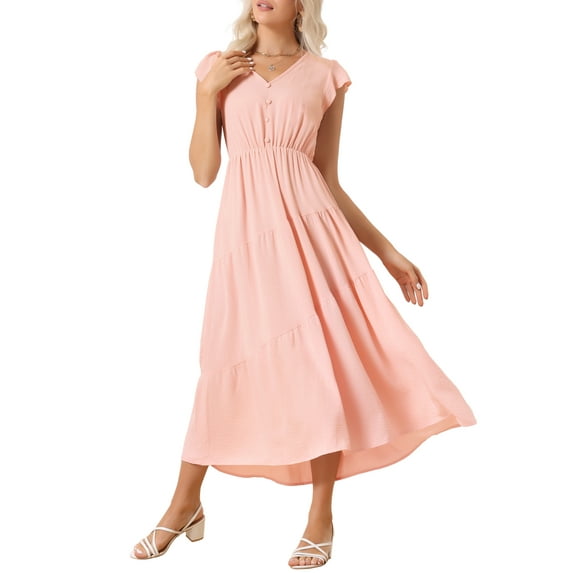 INSPIRE CHIC Womens Summer Casual Boho Maxi Dress V Neck Short Sleeve Ruffle Elastic Waist Holiday Beach Long Dress L Pink