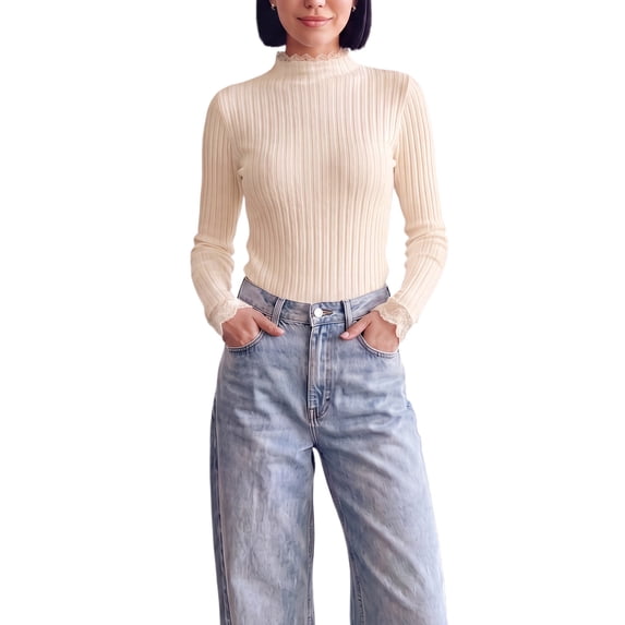 INSPIRE CHIC Womens' Sweater Splicing Knit Mock Neck False Two Piece Long Sleeves Fall Winter Slim Fit Ruffle Lace Trim Pullover Top Medium Aprico