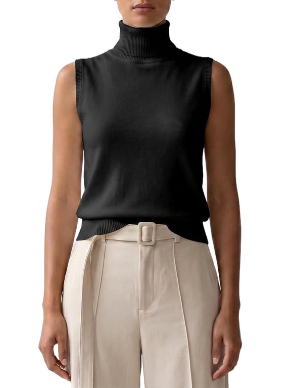 Womens Sweater Vest Shell Turtleneck Sleeveless Soft Chic Solid Layering Ribbed Hem Pullover Knit Tank Top Medium Black