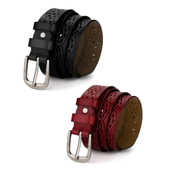 INSPIRE CHIC Womens Vintage Hollow Belts Pin Buckle Faux Leather Belts for Jeans Pants Black & Red 120cm/47.24"