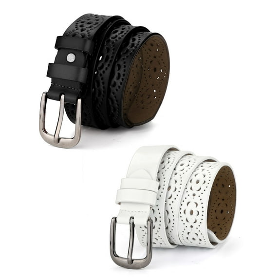 INSPIRE CHIC Womens Vintage Hollow Belts Pin Buckle Faux Leather Belts for Jeans Pants Black & White 120cm/47.24"