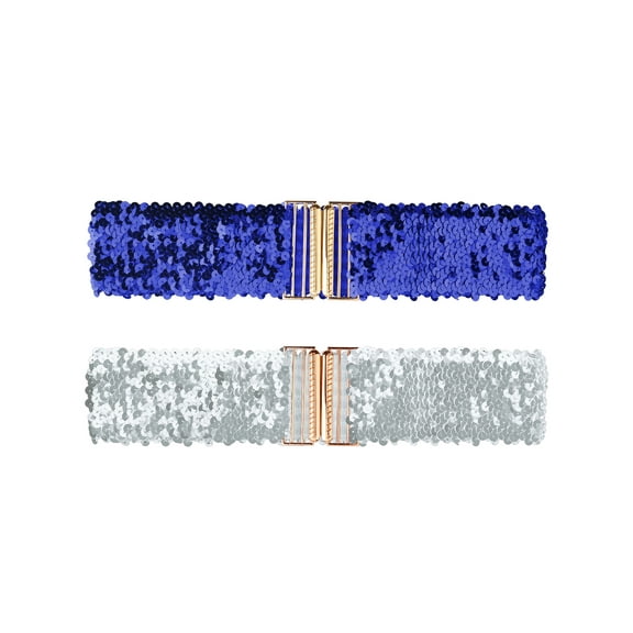 INSPIRE CHIC Women's Wide Waist Belts Interlock Buckles Sequins Decor Shinny Stretchy Belts 2PCS Royal Blue