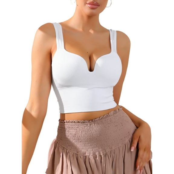 INSPIRE CHIC Women's Wire-Free Integrated Cup Sports Bra Camisole Push-Up Ribbed Longline Underwear 2XL White