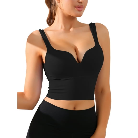 INSPIRE CHIC Women's Wire-Free Integrated Cup Sports Bra Camisole Push-Up Ribbed Longline Underwear XL Black