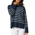 thumbnail image 1 of INSPIRE CHIC Womwn's Ribbed Knit Pullover Tops Long Sleeve Fall Winter Crewneck Striped Sweater M Navy Blue, 1 of 6