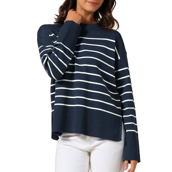 INSPIRE CHIC Womwn's Ribbed Knit Pullover Tops Long Sleeve Fall Winter Crewneck Striped Sweater M Navy Blue