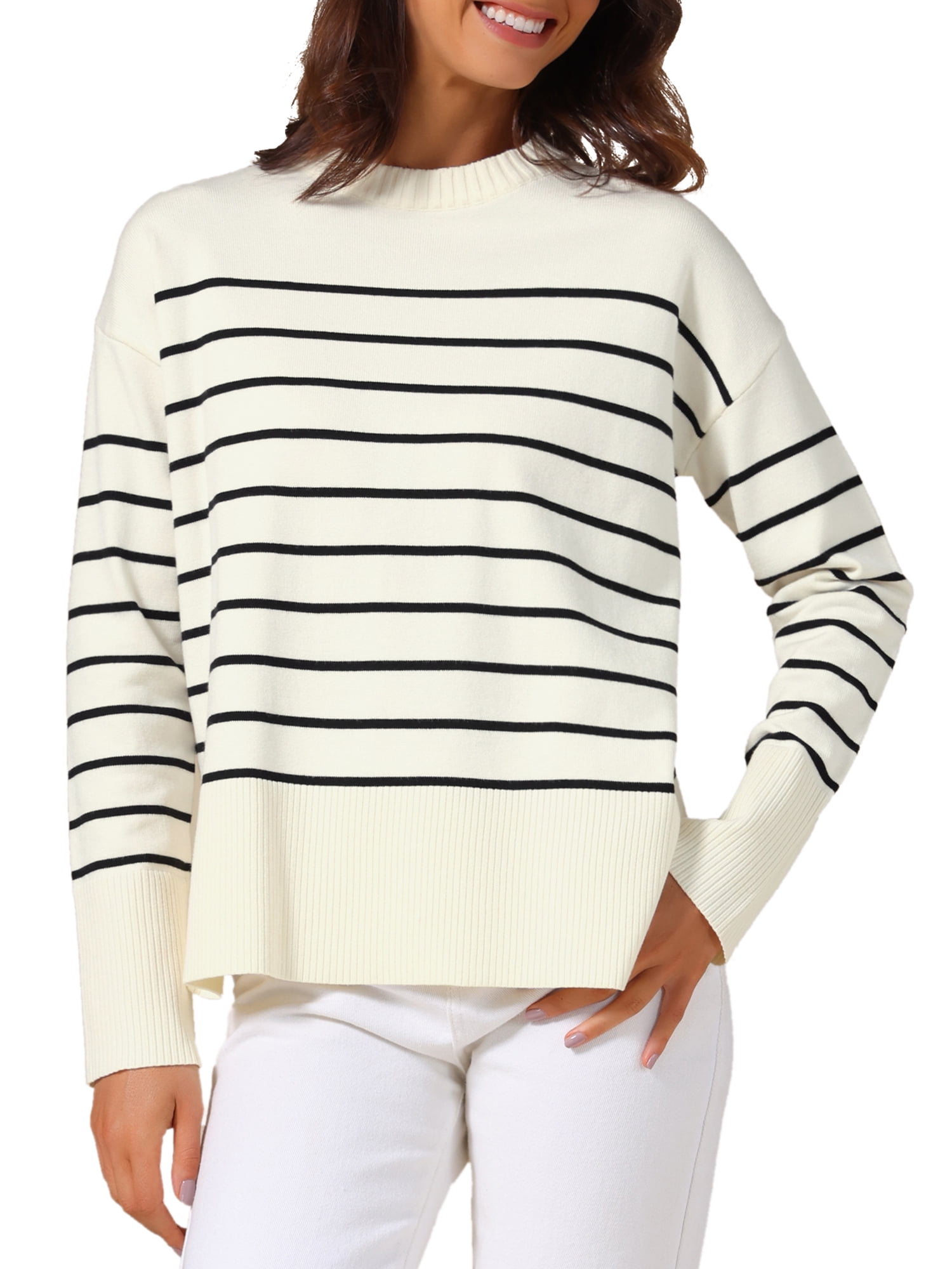 Womwn's Ribbed Knit Pullover Tops Long Sleeve Fall Winter Crewneck Striped Sweater M White