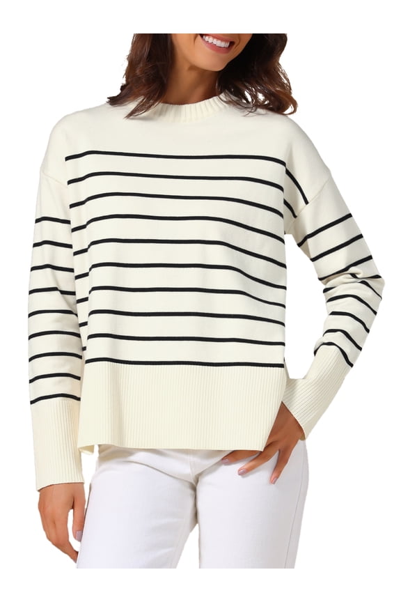 Womwn's Ribbed Knit Pullover Tops Long Sleeve Fall Winter Crewneck Striped Sweater M White