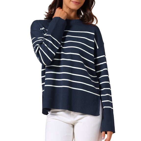 INSPIRE CHIC Womwn's Ribbed Knit Pullover Tops Long Sleeve Fall Winter Crewneck Striped Sweater XL Navy Blue