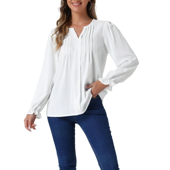 INSPIRE CHIC Work Blouse for Women's Split Neck Pleated Long Sleeve Casual Business Tops