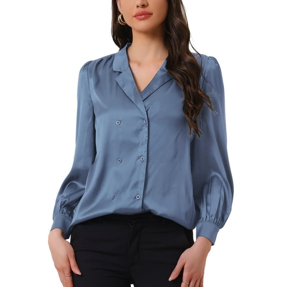 INSPIRE CHIC Work Business Casual Button Down Shirt for Women's Satin Long Sleeve Blouse XS Grey Blue