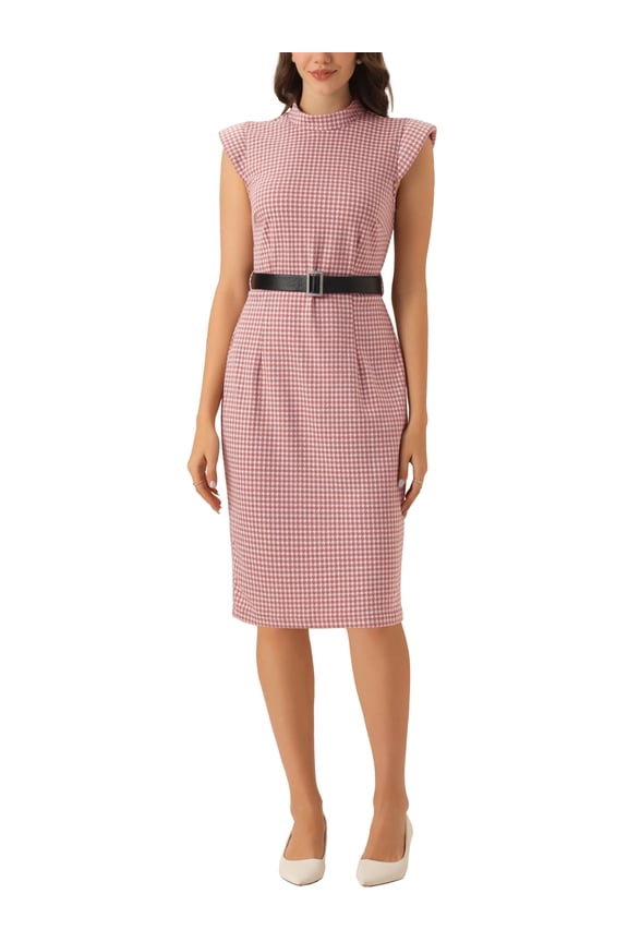 Work Dress for Women's Cap Sleeve Belt Vintage Houndstooth Pencil Sheath Dress M Dusty Pink