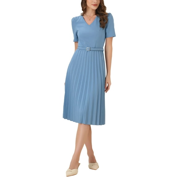 INSPIRE CHIC Women's Dress Work V-Neck Short Sleeve Below Knee Belted A-Line Pleated Dress S Blue Grey