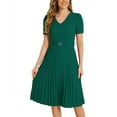 thumbnail image 1 of INSPIRE CHIC Women's Dress Work V-Neck Short Sleeve Below Knee Belted A-Line Pleated Dress M Dark Green, 1 of 4