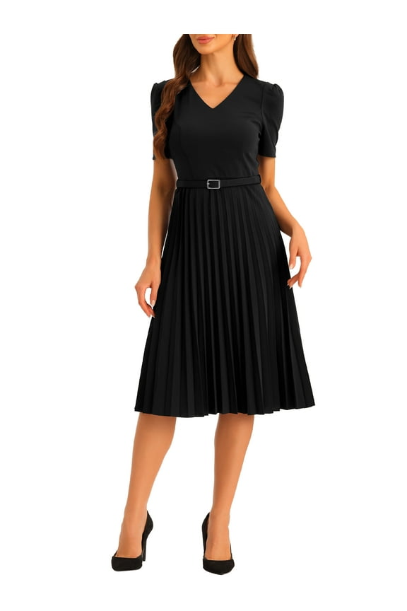 Women's Dress Work V-Neck Short Sleeve Below Knee Belted A-Line Pleated Dress S Black