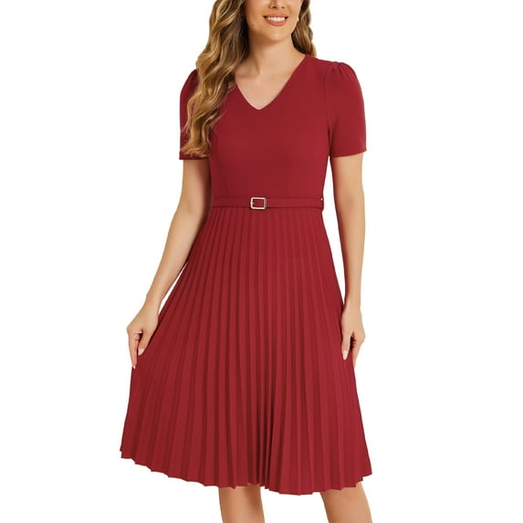 INSPIRE CHIC Women's Dress Work V-Neck Short Sleeve Below Knee Belted A-Line Pleated Dress M Red