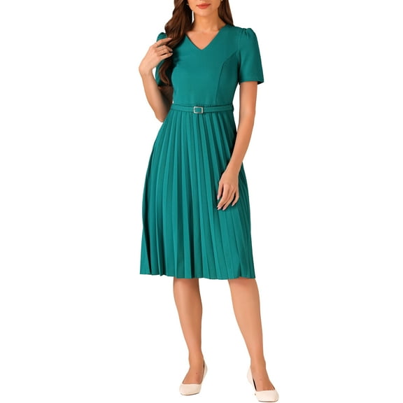 INSPIRE CHIC Women's Dress Work V-Neck Short Sleeve Below Knee Belted A-Line Pleated Dress XS Blue Green