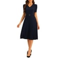 thumbnail image 1 of INSPIRE CHIC Women's Dress Work V-Neck Short Sleeve Below Knee Belted A-Line Pleated Dress XL Dark Blue, 1 of 6