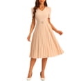thumbnail image 1 of INSPIRE CHIC Women's Dress Work V-Neck Short Sleeve Below Knee Belted A-Line Pleated Dress XS Apricot, 1 of 6