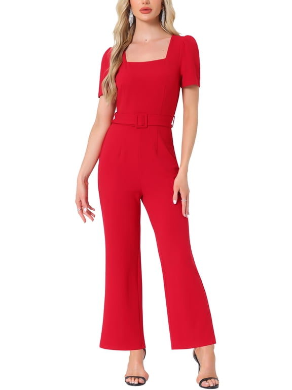 Women's Work Jumpsuits Elegant Square Neck Puff Short Sleeve Loose Wide Leg Romper L Red