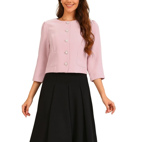 INSPIRE CHIC Work Office Blazer for Women's Collarless 3/4 Sleeve Lightweight Pockets Button Down Suit Blazer