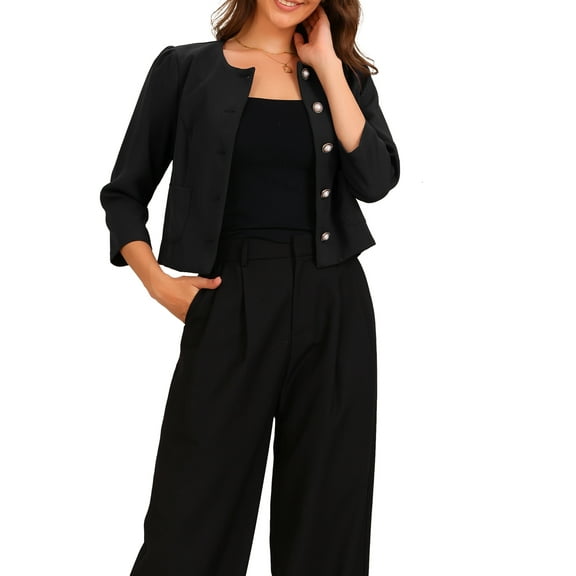INSPIRE CHIC Work Office Blazer for Women's Collarless 3/4 Sleeve Lightweight Pockets Button Down Suit Blazer