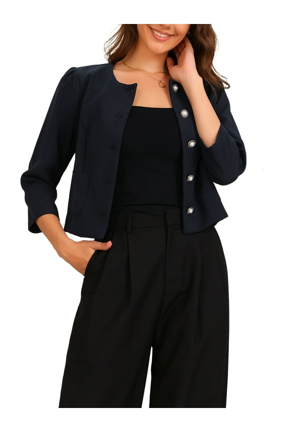 Work Office Blazer for Women's Collarless 3/4 Sleeve Lightweight Pockets Button Down Suit Blazer XL Dark Blue
