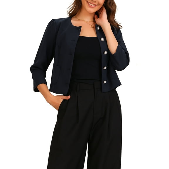 INSPIRE CHIC Work Office Blazer for Women's Collarless 3/4 Sleeve Lightweight Pockets Button Down Suit Blazer