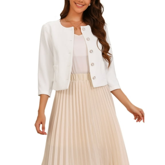 INSPIRE CHIC Work Office Blazer for Women's Collarless 3/4 Sleeve Lightweight Pockets Button Down Suit Blazer