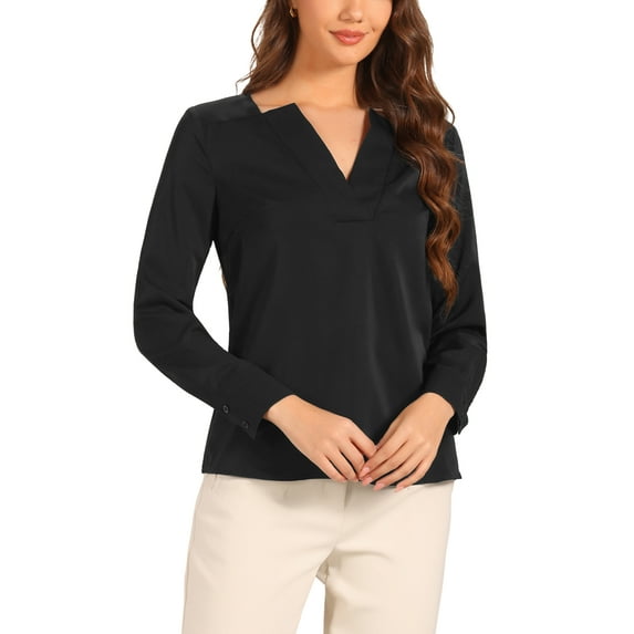 INSPIRE CHIC Work Office Blouse for Women's Long Sleeve V Neck Blouses L Black